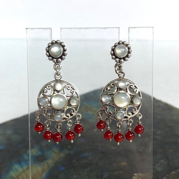 Sterling Silver 925 White Mother Of Pearl Red Beaded Chandelier Dangle Earrings - Picture 7 of 16